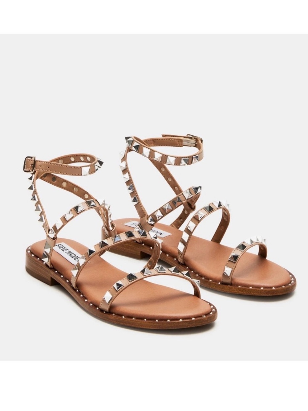 Steve Madden Studded Tan Leather Ankle-Strap Sandals